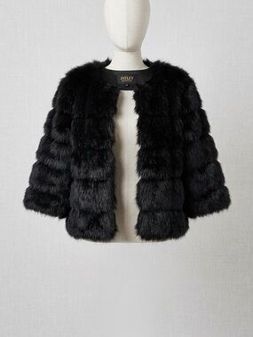 Jayley Black Faux Fur Teddy Jacket - 3/4 Length Sleeves